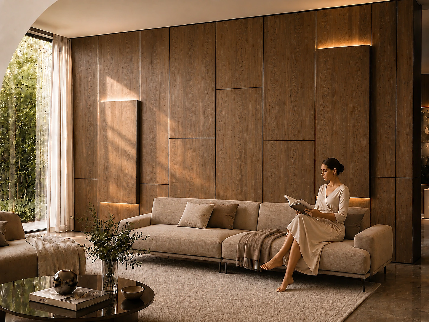 Parete IconicWall in legno con living elegante